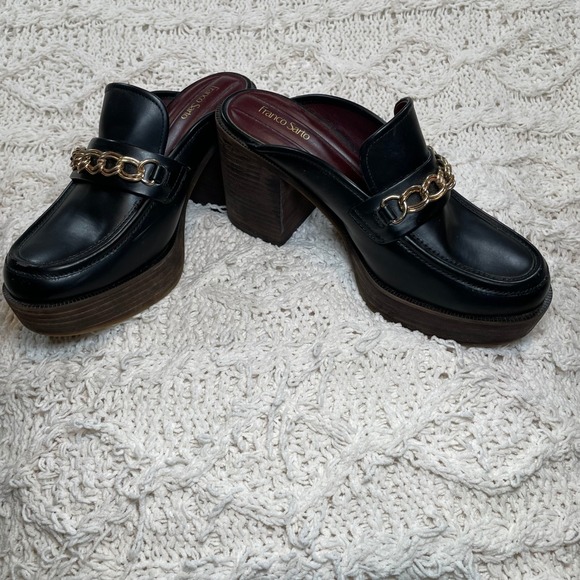 Franco Sarto Shoes - Franco Sarto Katra Black Platform Clog Mules Gold Chain Link Loafer‎ Heel 8M